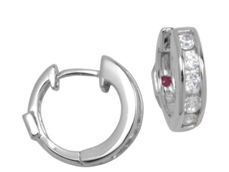 Sterling Silver Rhodium Plated Channel Set Cubic Zirconia 14mm Hoop Earring For Sale