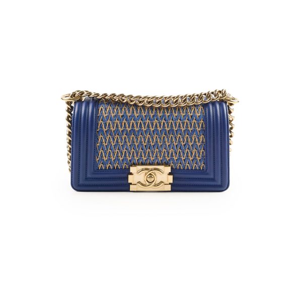 Chanel Small Boy Navy Raffia Crossbody Bag Online Hot Sale