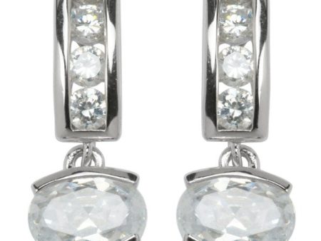 Sterling Silver Rhodium Plated Oval Drop Cubic Zirconia Earring.  Stone size: 7x5(mm) Supply