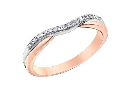 Ladies 10 Karat Rose & White Gold Diamond (0.10TDW) Curved Band 1.5-3mm Stackable Ring For Sale