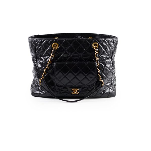 Chanel Shiny Large Front Pocket Calfskin Tote Black For Discount