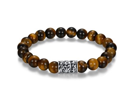 ETHOS  CHISEL  RHOD PLTD GEN TIGER EYE WITH BLACK OIL CLASP BEADS BRACELET on Sale