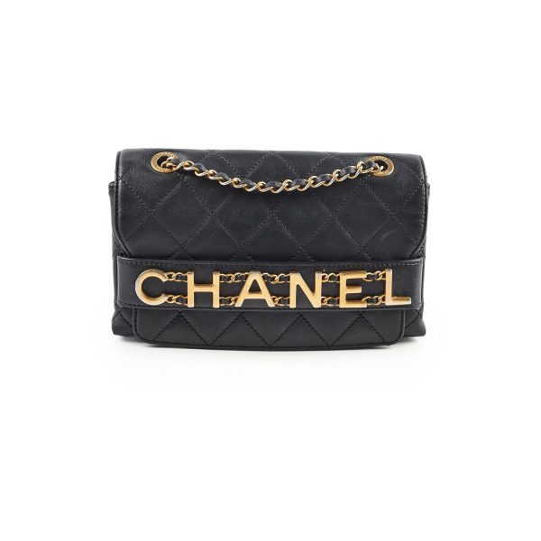 Chanel Logo Enchained Quilted Calfskin Medium Black Flap Bag Sale