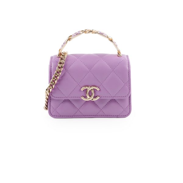 Chanel Detailed Top Handle Flap Mini Clutch with Chain Purple 32 Series For Sale