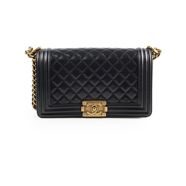 Chanel Old Medium Boy Shiny Calfskin Black - Series 17 For Cheap