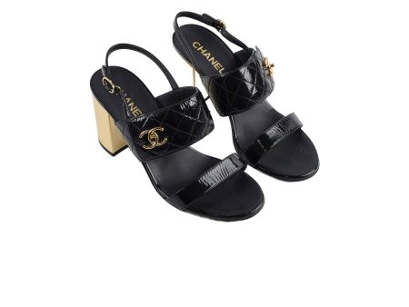 Chanel Patent Quilted Turnlock Sandals Black Gold Size 40.5C Cheap