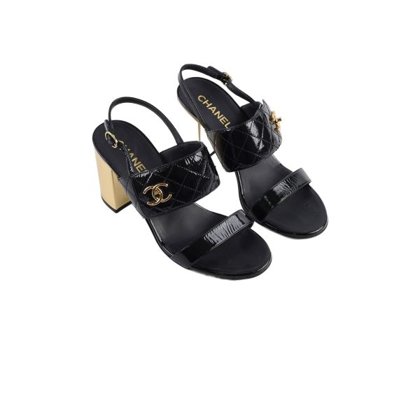 Chanel Patent Quilted Turnlock Sandals Black Gold Size 40.5C Cheap