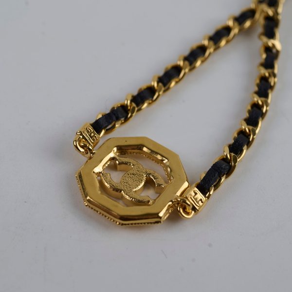 Chanel Gold & Black Leather Chain Choker Costume Jewellery Hot on Sale