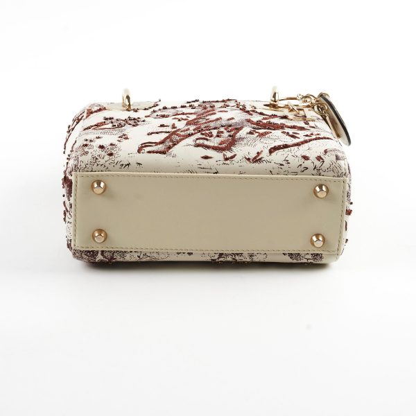 Christian Dior Mini Lady Dior Calfskin Limited Edition Embroidered Bag Ivory Burgundy For Sale