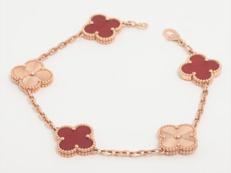 Van Cleef & Arpels Vintage Alhambra 5 Motif Guilloche Carnelian Bracelet 2023 For Sale