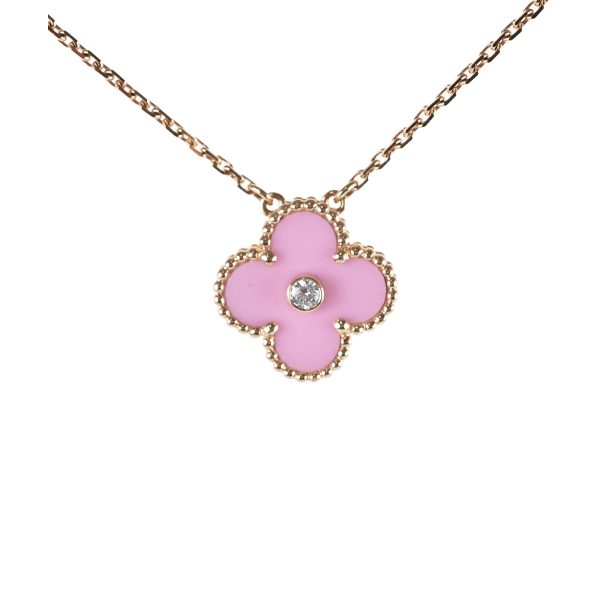 Van Cleef & Arpels Vintage Alhambra Pink Porcelain Sable Diamond Necklace 2015 Discount