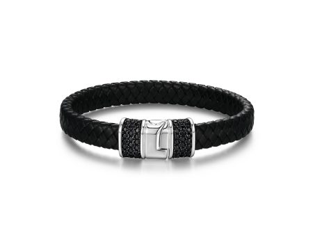 ETHOS  BLACK ICE  2TONE GEN BLK SAPPHIRE 10MM WIDE LEATHER BRACELET For Cheap