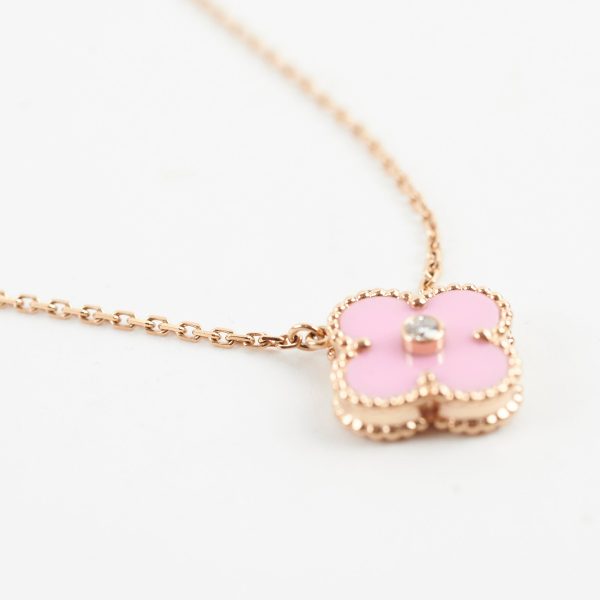 Van Cleef & Arpels Vintage Alhambra Pink Porcelain Sable Diamond Necklace 2015 Discount